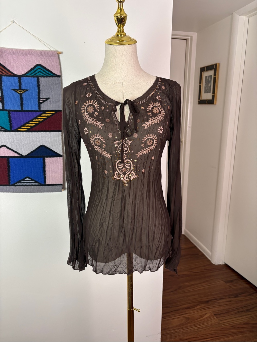 Vintage Y2K Sheer Crinkle Top with Boho Vibes